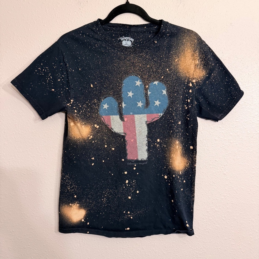 Bohemian Cowgirl American Flag Cactus Bleached Graphic Tee Small Black Americana